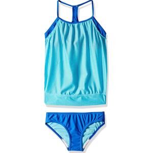 Speedo Swimsuit Two Piece Tankini Set Girls 12 Blue Mesh Swimwear UVP NWT